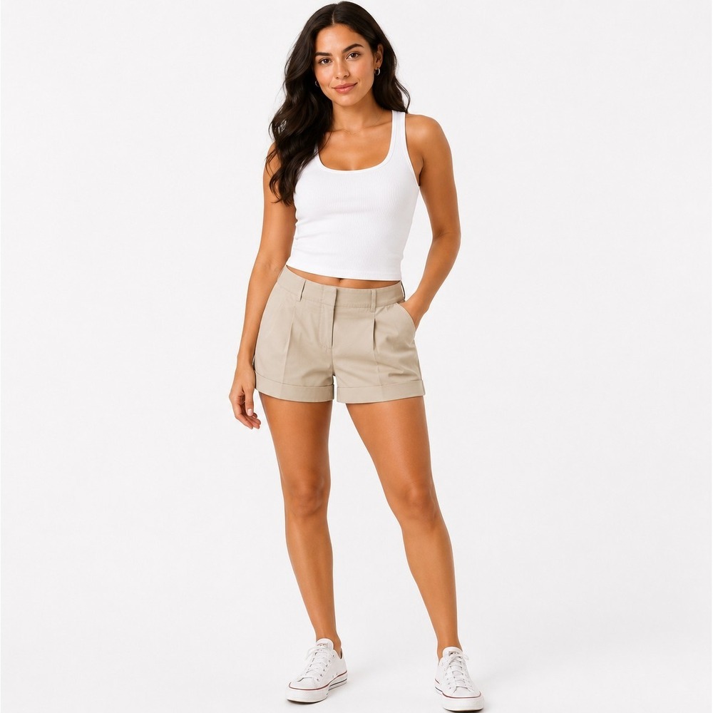 Express Womens Beige Lined Chino Shorts Size 4 Mid Rise Pleated Front Pockets